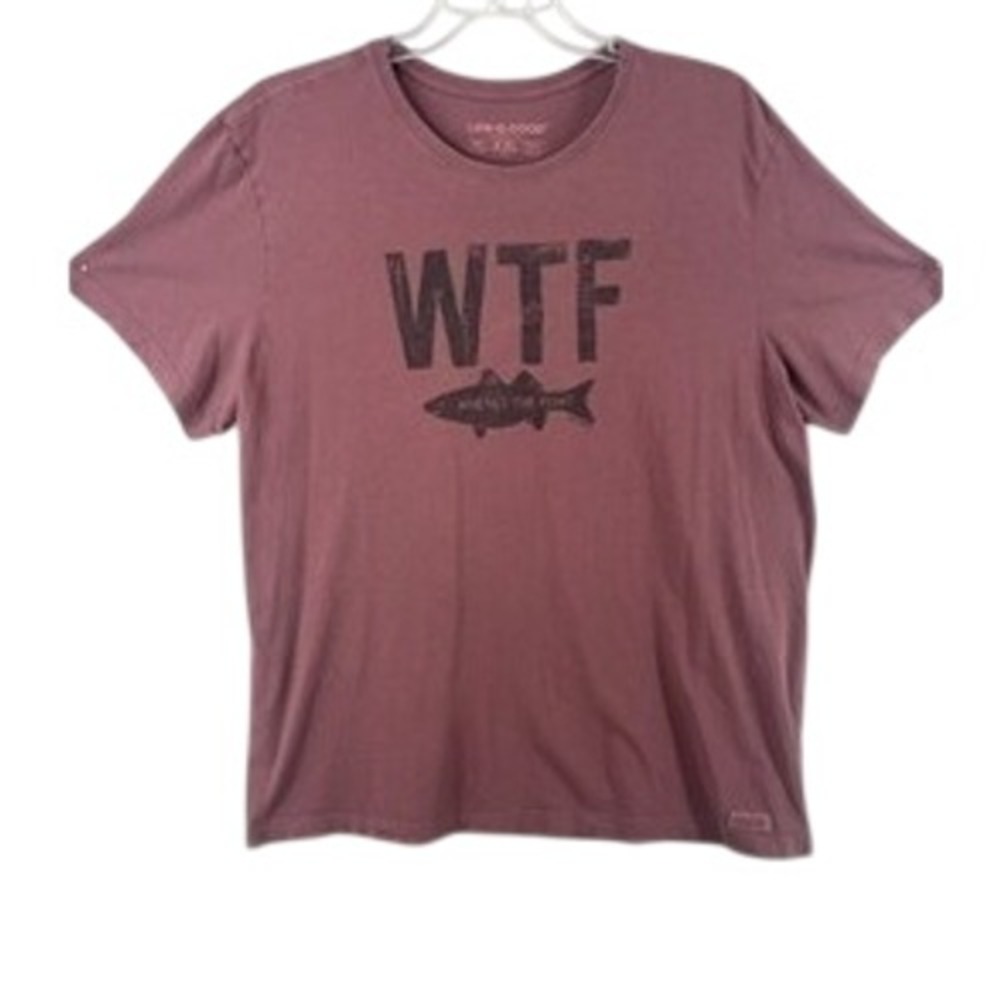 Life is Good T-Shirt Mens XXL Plum WTF Where's The Fish? Graphic Crusher-Lite